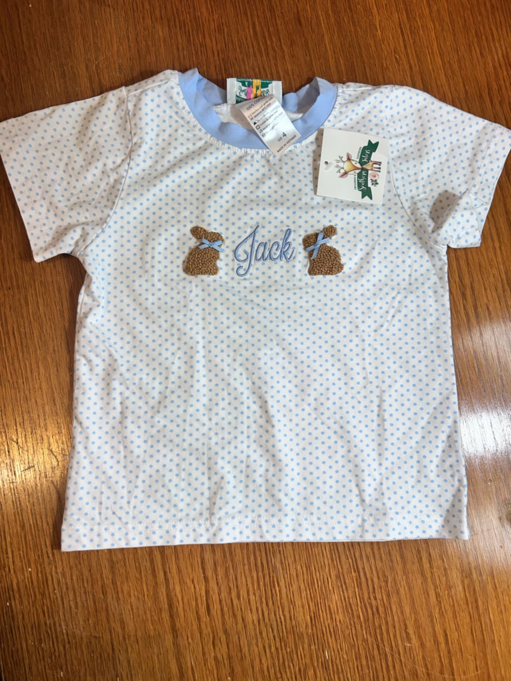 JACK Monogrammed Light Blue Polka Dot tee with bunny Appliqué
